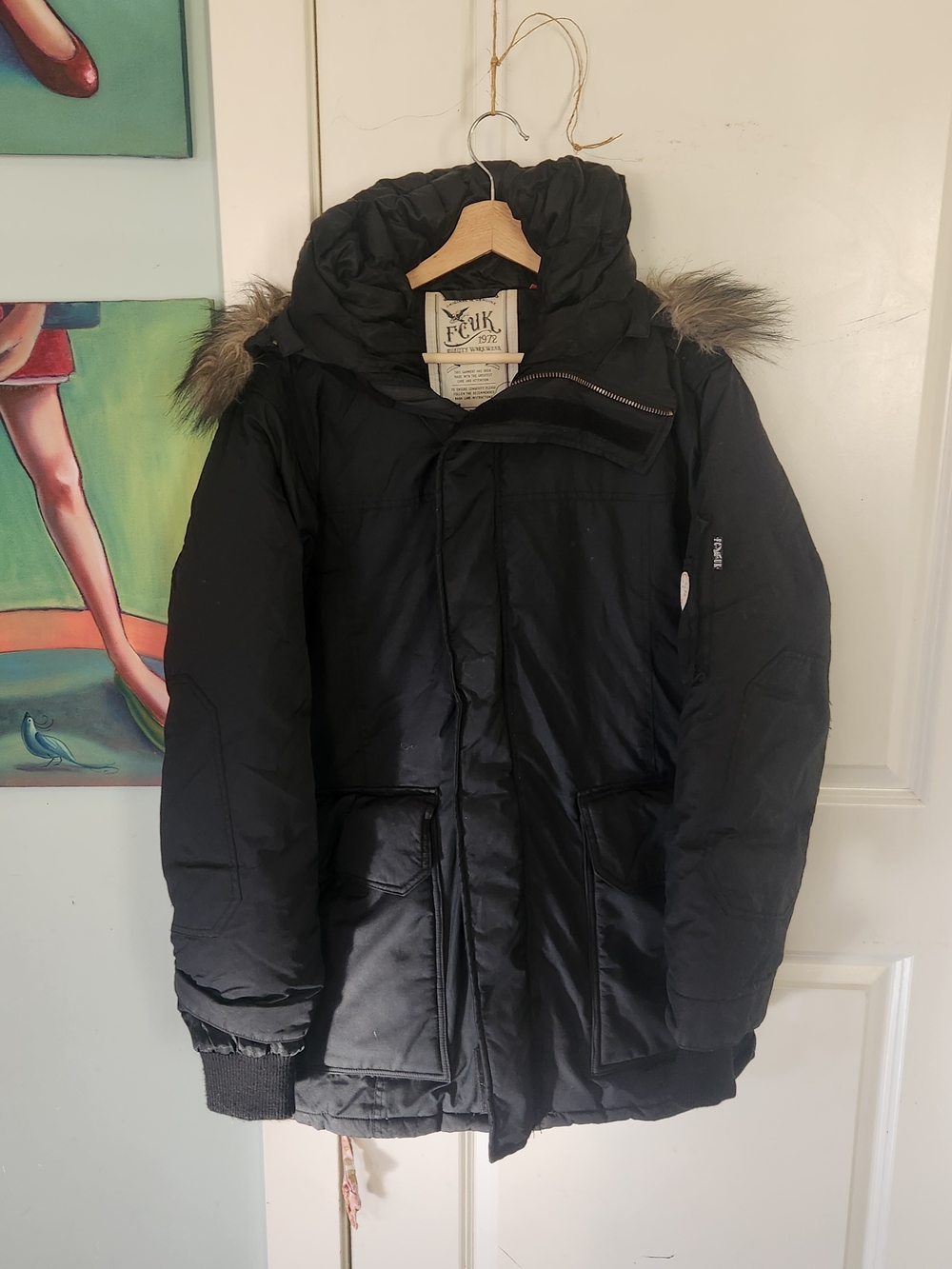 French Connection Black Puffer Parka with Faux Fur Trim